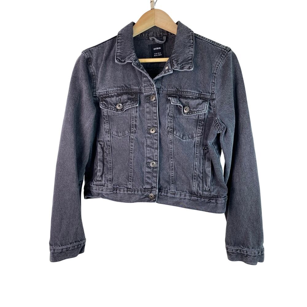 Cotton On Women's Size 8 Washed Black Button Up Crop‎ Denim Trucker Jacket *